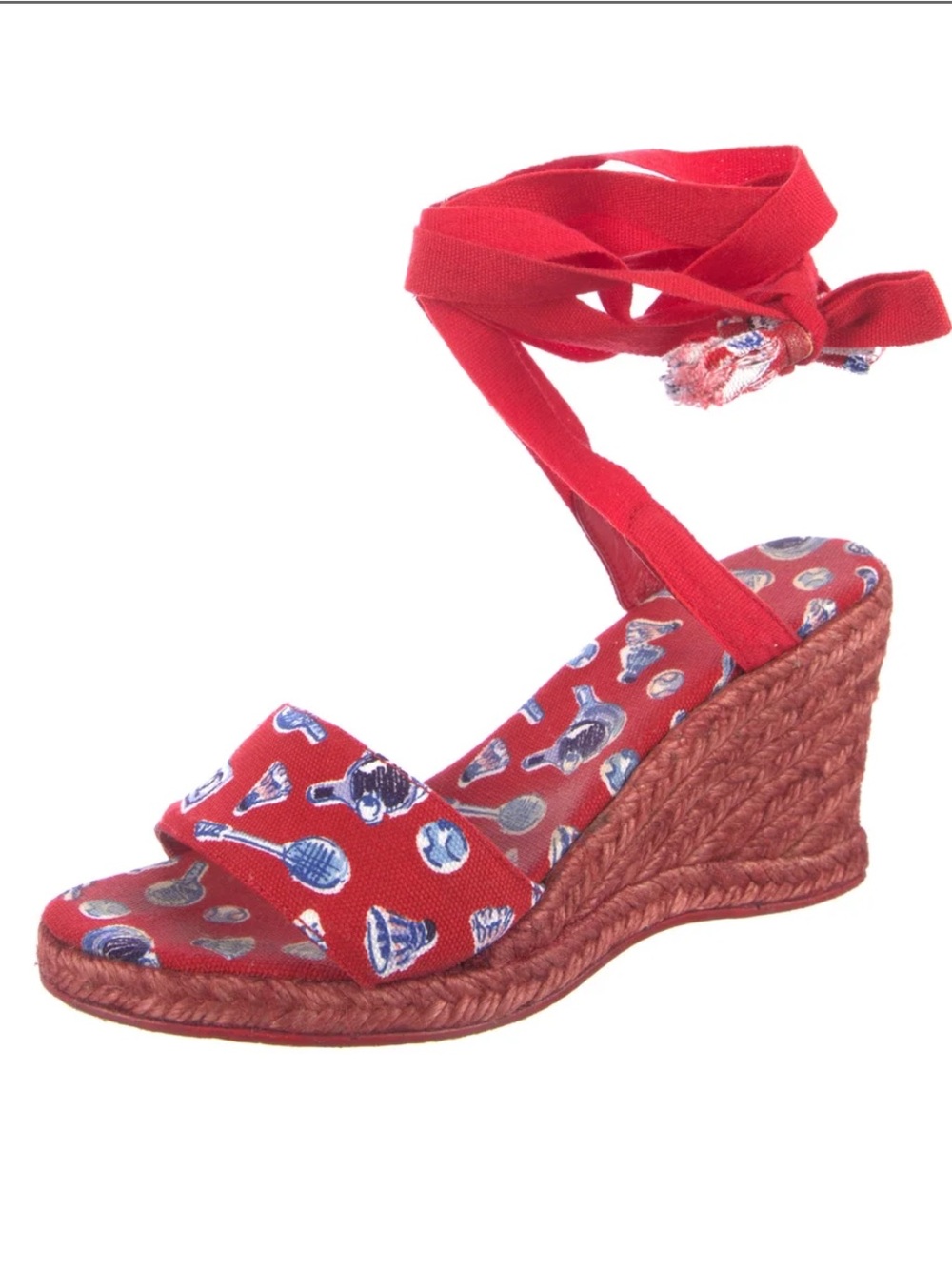 CHANEL Red Printed Espadrille Wedge Sandals with Ankle Wrap